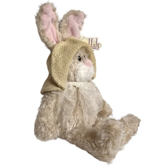 Vintage 90s Tan “Hares in Hats” Rabbit Stuffed Animal Toy Plush Spring Easter - Picture 3 of 5